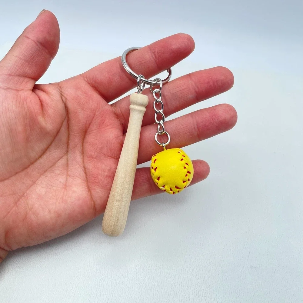 Vintage Silver Tone Mini‎ Yellow Soft Baseball Wood Bat Charm Keychain Statement